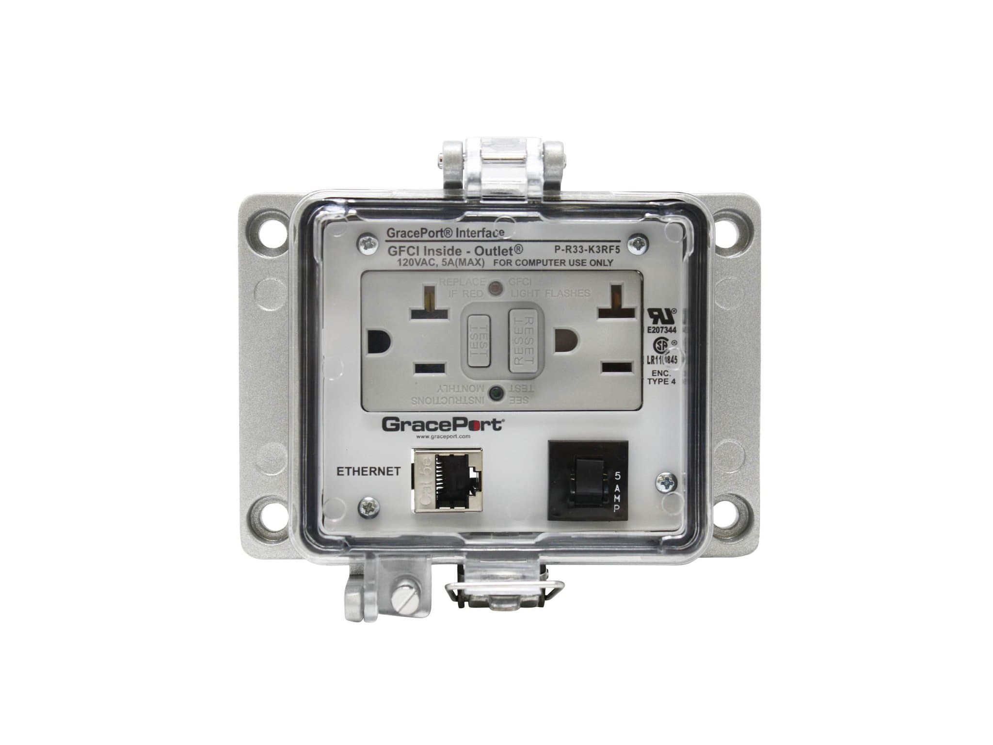 GRACE Engineered Products P-R33-K3RF5 Panel Interface Connector with Category 5e Shielded Ethernet; Panel Mount Housing; UL Type 4; GFCI Duplex Inside-Outlet; 5 Amp Circuit Breaker P-R33-K3RF5 on Advantage Electric Supply