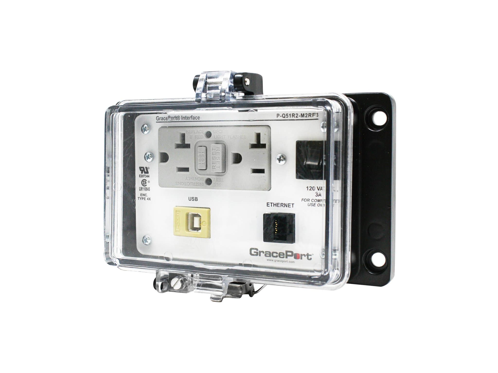 GRACE Engineered Products P-Q51R2-M2RF3 Panel Interface Connector with USB Type B/F to USB Type A/F; Category 5e RJ45; Panel Mount Housing; UL Type 4X; GFCI Duplex Inside-Outlet; 3 Amp Circuit Breaker P-Q51R2-M2RF3 on Advantage Electric Supply
