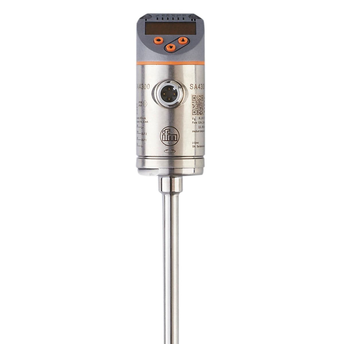 ifm Electronic SA4300 Flow sensor, Measurement of flow and temperature at the same time, Number of inputs and outputs: Number of digital outputs: 2; Number of analog outputs: 1, Process connection: Diameter Ø 8 mm, System: gold-plated contacts, Media: water; glycol solutions; SA4300 on Advantage Electric Supply