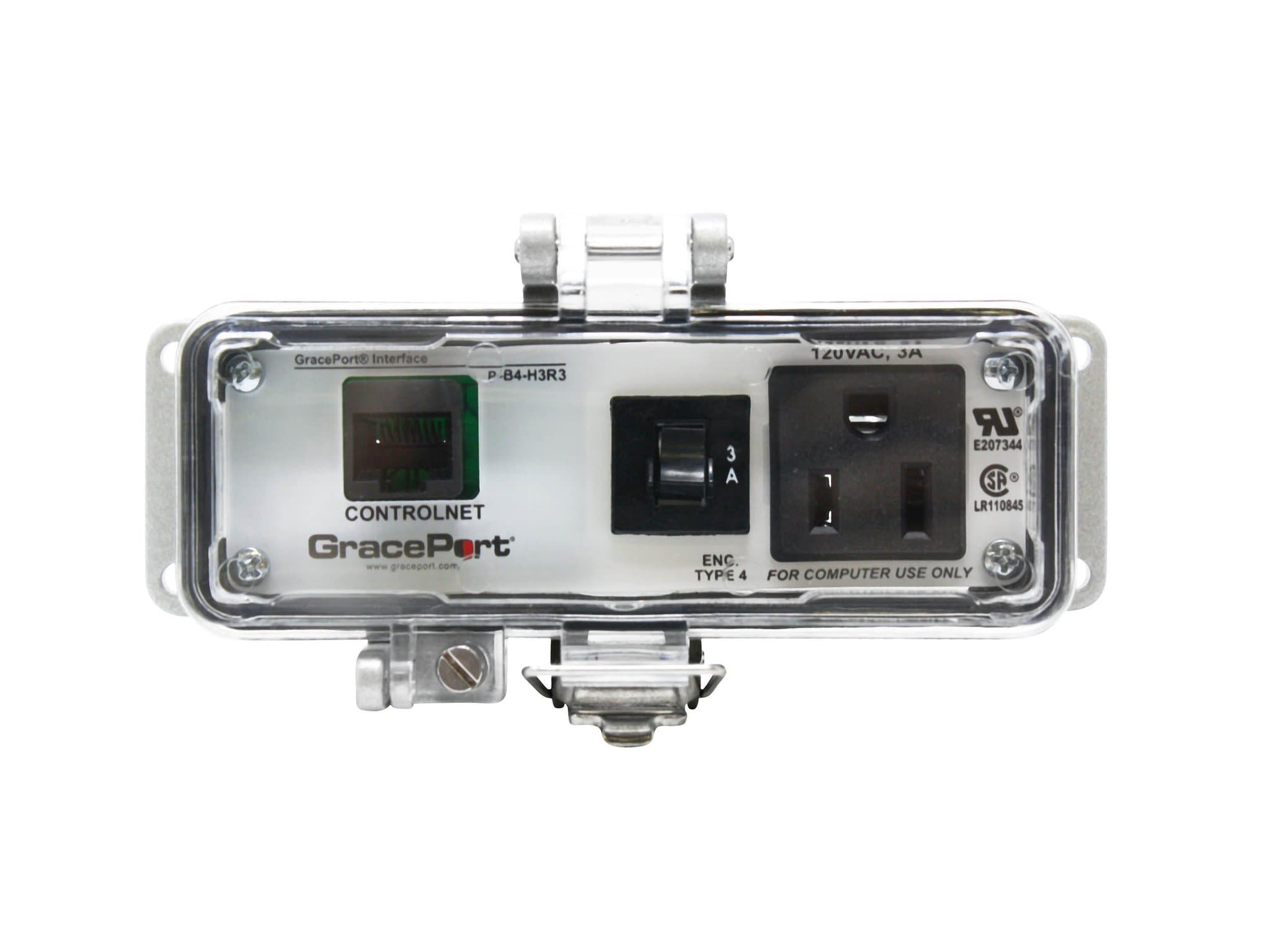 GRACE Engineered Products P-B4-H3R3 Panel Interface Connector with A-B ControlNet (RJ-45 PCB with 20 ft. Cable); Panel Mount Housing; UL Type 4; Simplex Outlet; 3 Amp Circuit Breaker P-B4-H3R3 on Advantage Electric Supply