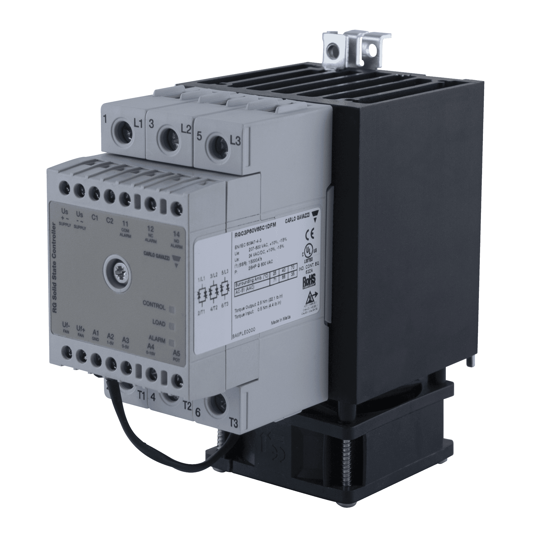 Carlo Gavazzi RGC2P60V75C1AFM 2-pole DIN-rail mount SSR, Proportional control (1x FC) with monitoring, Operating voltage (Ue): 180 - 660 Vac (1200 Vp), Rated current (Ie): 75 Aac, Input: 0 - 5 / 1 - 5 / 0 - 10 Vdc, External supply: 90 - 250 Vac, Built-in overvoltage protection RGC2P60V75C1AFM on Advantage Electric Supply