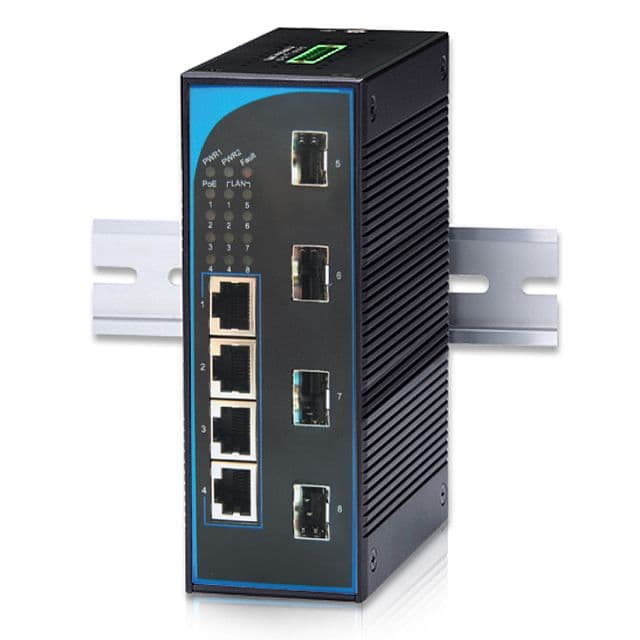 Mencom E45UM-8M-4POE-4SFP 8-Port Unmanaged Gigabit Ethernet Switch with 4 PoE and 4 SFP, Aluminum housing E45UM-8M-4POE-4SFP on Advantage Electric Supply