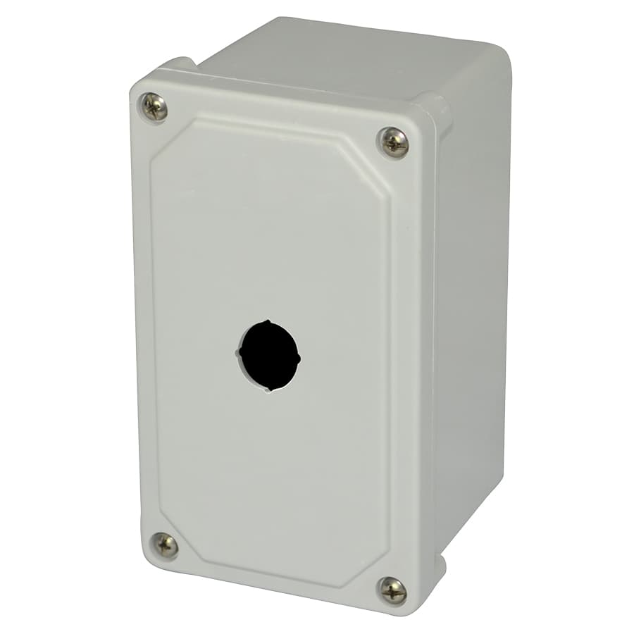 Allied Moulded Products AM1PB22 7"x4"x3" AM Series fiberglass small junction box with 4-screw lift-off cover and 1 (22.5mm) pushbutton hole AM1PB22 on Advantage Electric Supply