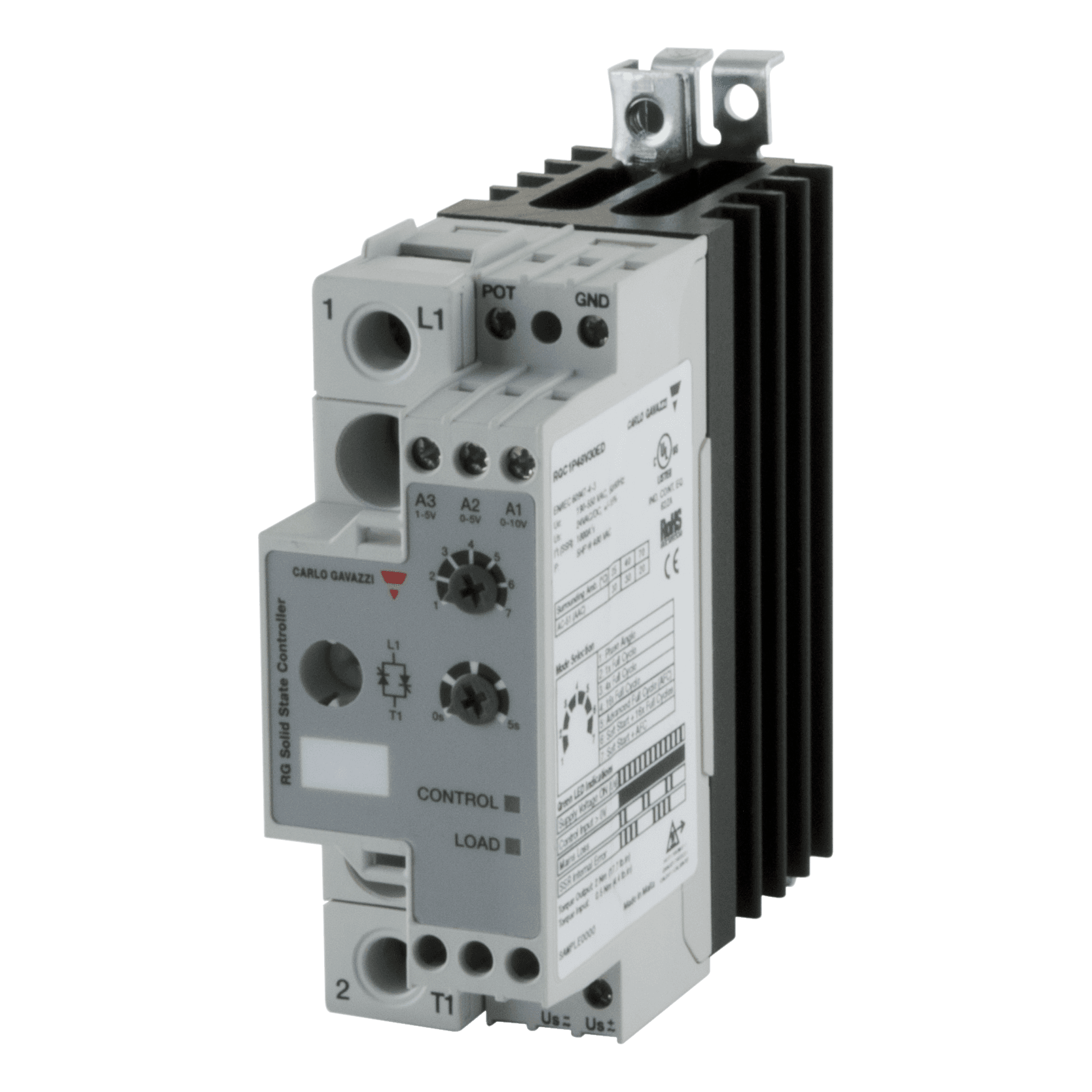 Carlo Gavazzi RGC1P23V30ED 1-pole DIN-rail mount SSR, Proportional control, Operating voltage (Ue): 85 - 265 Vac (800 Vp), Rated current (Ie): 30 Aac, Input: 0 -10 / 0 - 5 / 1 - 5 Vdc, External supply: 24 Vdc/Vac, Built-in overvoltage protection RGC1P23V30ED on Advantage Electric Supply