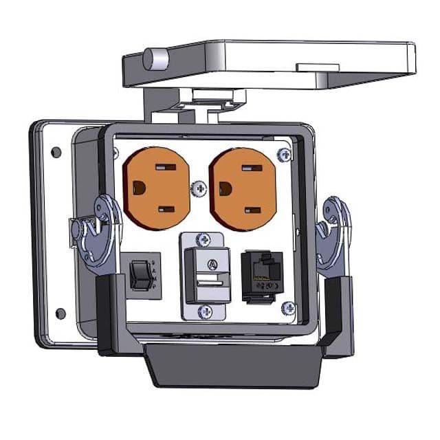 Mencom DP-RJ45-USB-AFBF-R-32 Panel Interface Connector with Duplex outlet, RJ45, USB-AFBF, and a 3amp reset, in a 32 housing DP-RJ45-USB-AFBF-R-32 on Advantage Electric Supply