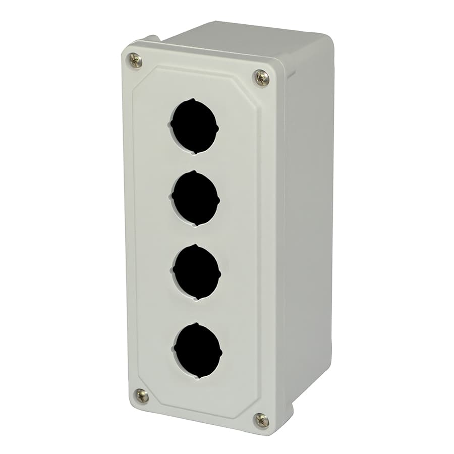 Allied Moulded Products AM4PB 9x4x3 AM Series fiberglass small junction box with 4-screw lift-off cover and 4 pushbutton holes AM4PB on Advantage Electric Supply
