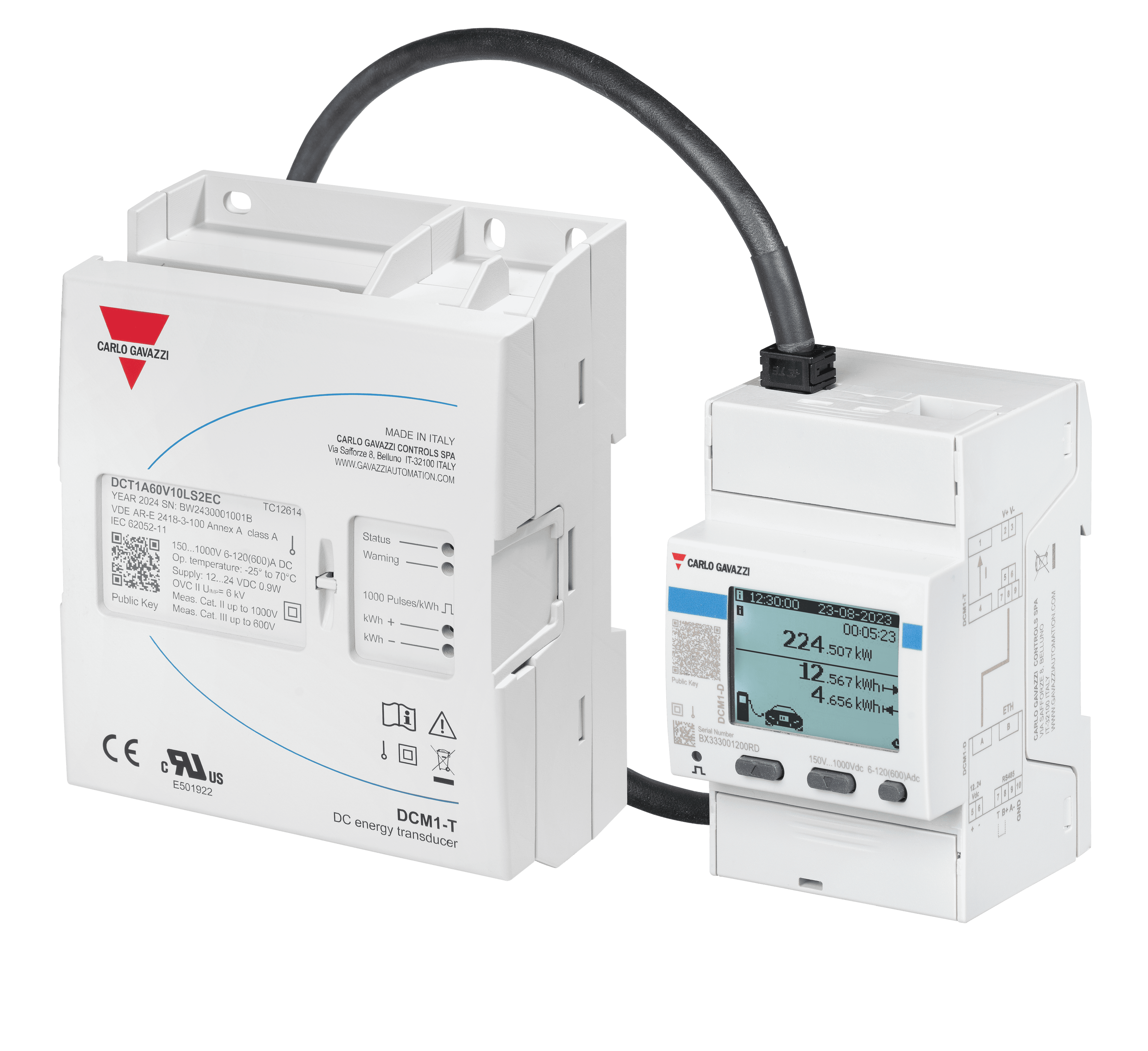 Carlo Gavazzi DCM1A60V10L20S3DEB Energy meter for DC system, 150-1000 V DC, up to 600 A, auxiliary power supply, with RS485 Modbus RTU and Modbus TCP/IP (Ethernet), Eichrecht 384-bit signature, cURus, CTEP, MID (bidirectional) DCM1A60V10L20S3DEB on Advantage Electric Supply