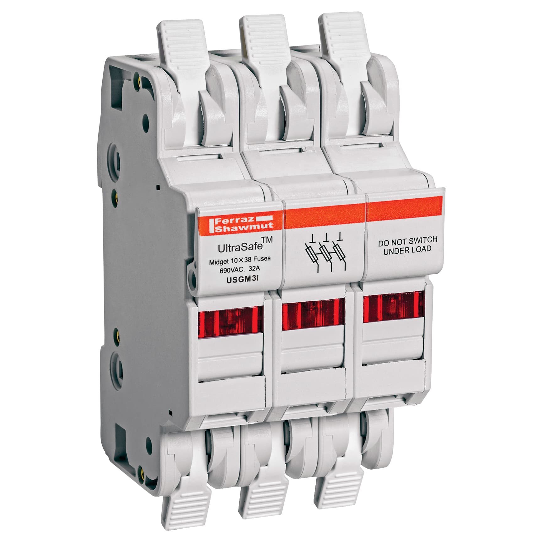 Mersen USGM3I USGM3I Mersen - Fuse Holder UltraSafe™ 600VAC 600VDC Midget 30A 3-Pole LED Cage Clamp IP65 USGM3I on Advantage Electric Supply