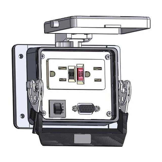 Mencom DHGF-DB9-R-32 Panel Interface Connector with GFCI outlet, 9 pin D-sub connected to a 3 pin Blue hose connection for Data Highway, a 3amp reset, in a 32 housing DHGF-DB9-R-32 on Advantage Electric Supply