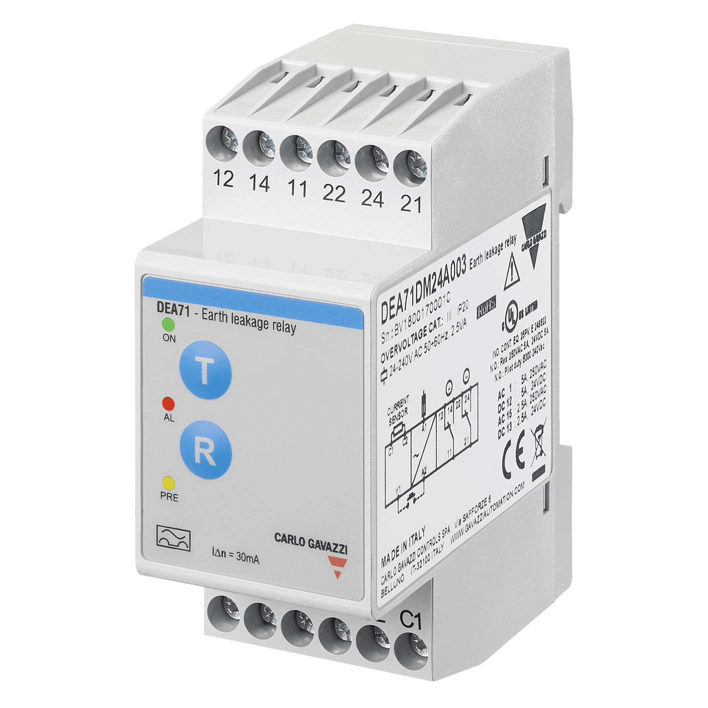 Carlo Gavazzi DEA71DM24A003 Earth leakage monitoring relay, adjustable trip level range 30mA-5A, delay on alarm 0-5s, 2 SPDT relay outputs, 35 mm DIN-rail housing DEA71DM24A003 on Advantage Electric Supply