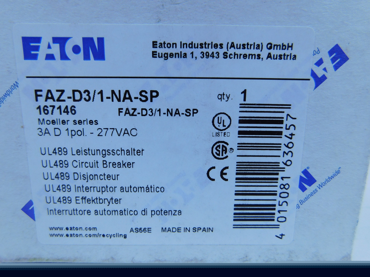 Eaton FAZ-D3/1-NA-SP Eaton FAZ branch protector,UL 489 Industrial miniature circuit breaker - supplementary protector,Single package,High levels of inrush current are expected,3 A,10 kAIC,Single-pole,277 V,10-20X /n,Q38,50-60 Hz,Screw terminals,D Curve FAZ-D3/1-NA-SP on Advantage Electric Supply