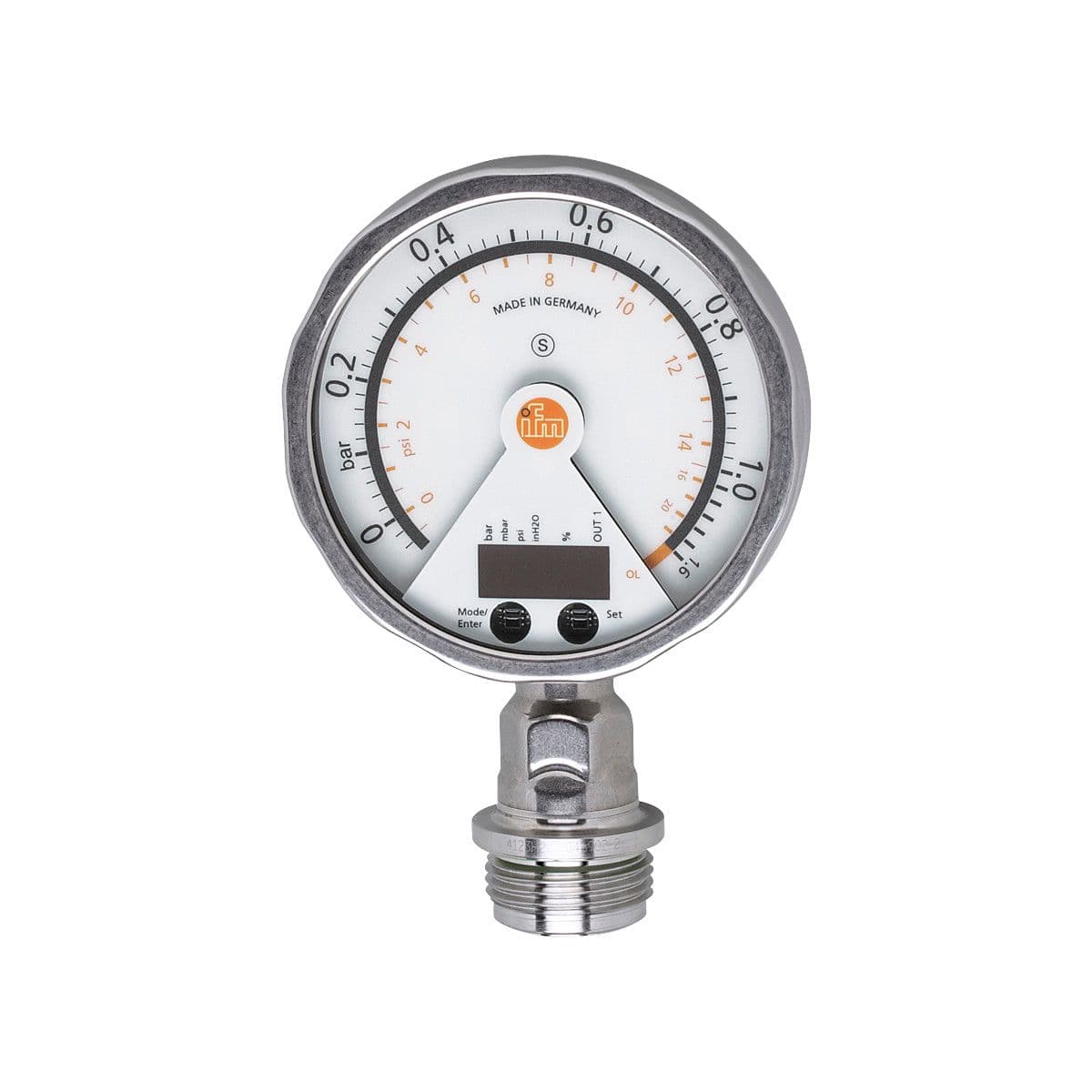 ifm Electronic PG2797 Flush pressure sensor with analog display, analog display, pressure switch and transmitter in one unit, Output signal: switching signal; analog signal; (configurable), Measuring range: -0.05...1 bar -50...1000 mbar -0.73...14.5 psi, Process connection: th PG2797 on Advantage Electric Supply