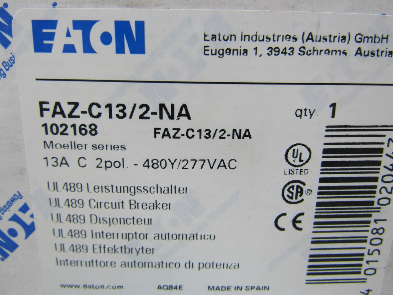 Eaton FAZ-C13/2-NA FAZ-C13/2-NA Eaton - UL 489 Industrial Miniature Circuit Breakers - Supplementary Protector FAZ-C13/2-NA on Advantage Electric Supply