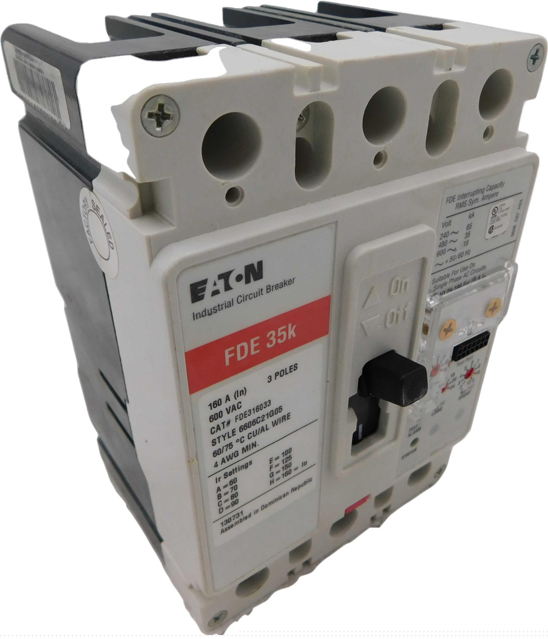 Eaton FDE316033 FDE316033 Eaton - Eaton Series C electronic molded case circuit breaker, F-frame, FDE, Digitrip 310 RMS, Electronic LS trip, Three-pole, 160A, 600 Vac, 250 Vdc, 65 kAIC at 240 Vac, 35 kAIC at 480 Vac, Load side, Not UL rated, 50/60 Hz FDE316033 on Advantage Electric Supply