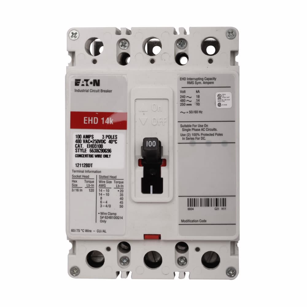 Eaton EHD3015Y EHD3015Y Eaton - Eaton Series C complete molded case circuit breaker, F-frame, EHD, Complete breaker, Fixed thermal, fixed magnetic trip type, Three-pole, 15A, 18 kAIC at 240 Vac, 14 kAIC at 480 Vac, Line side, 50/60 Hz EHD3015Y on Advantage Electric Supply