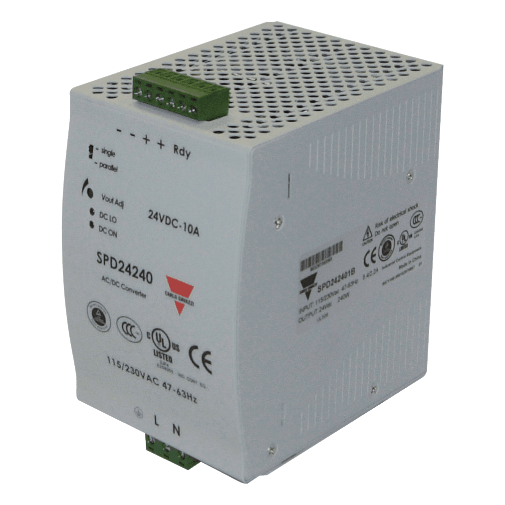 Carlo Gavazzi SPD242401 Switching Power Supply, AC/DC, 240W, 24V, Screw Terminals, IP20, DIN-Rail Mounting, Over-load, Over-voltage and Short-circuit Protections, 83.5x124.5x123,6mm metallic housing SPD242401 on Advantage Electric Supply