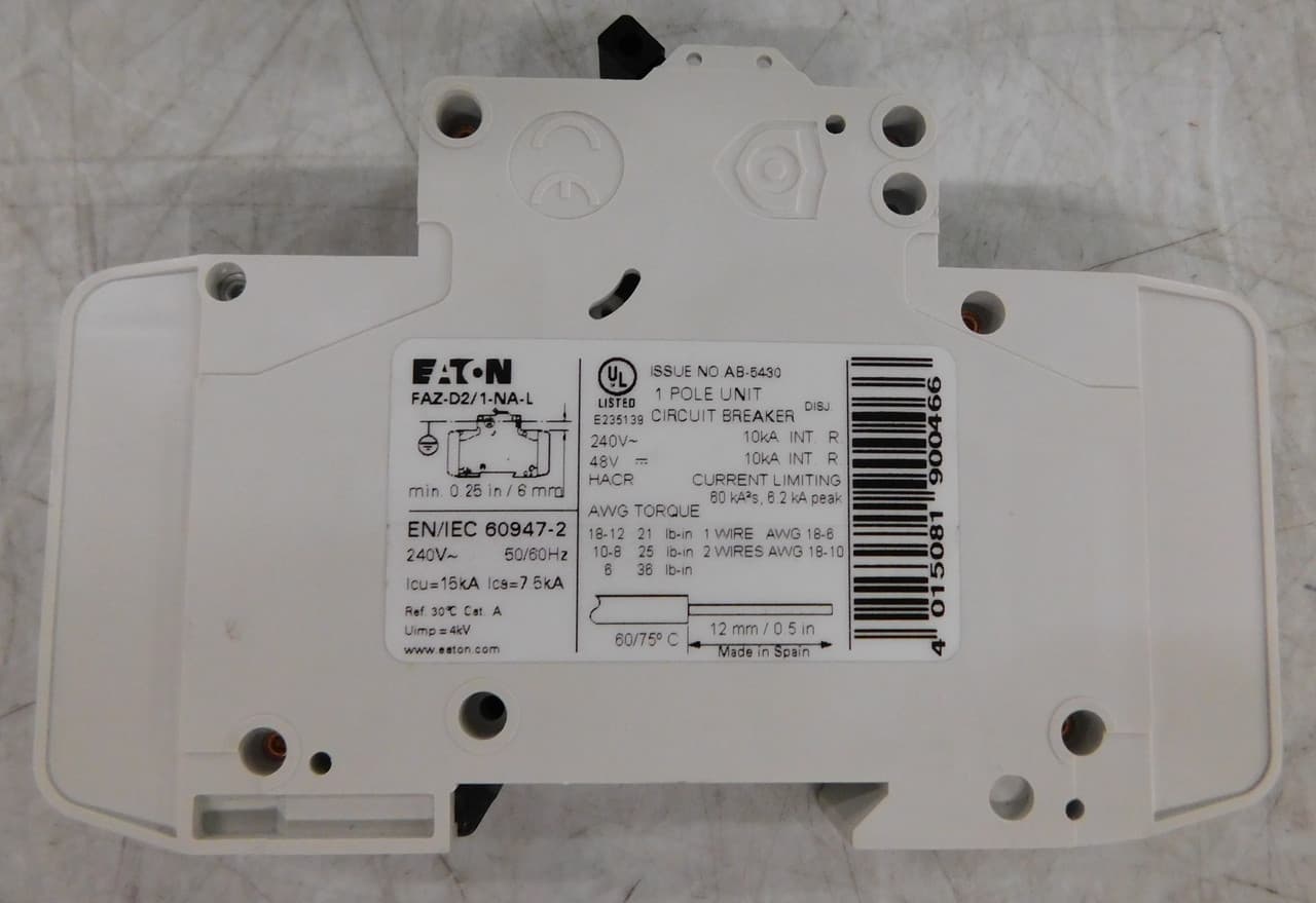Eaton FAZ-D2/1-NA-L Miniature circuir breaker, 1 pole, 2 A, D trip curve, 240 VAC, screw terminals, UL489 FAZ-D2/1-NA-L on Advantage Electric Supply