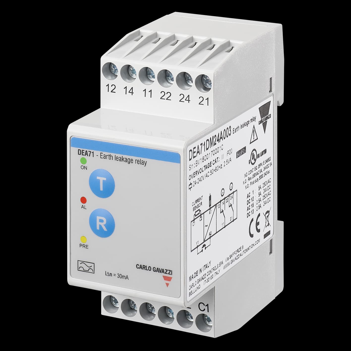Carlo Gavazzi DEA71DM24A030 Earth leakage monitoring relay, adjustable trip level range 300mA-30A, delay on alarm 0-5s, 2 SPDT relay outputs, 35 mm DIN-rail housing DEA71DM24A030 on Advantage Electric Supply