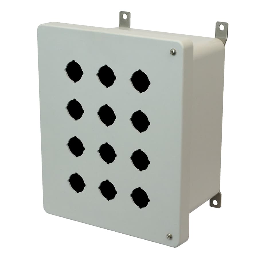 Allied Moulded Products AM1086HP12 10"x8"x6" AM Series fiberglass wall mount enclosure assembly with 2-screw hinged cover and 12 pushbutton holes AM1086HP12 on Advantage Electric Supply