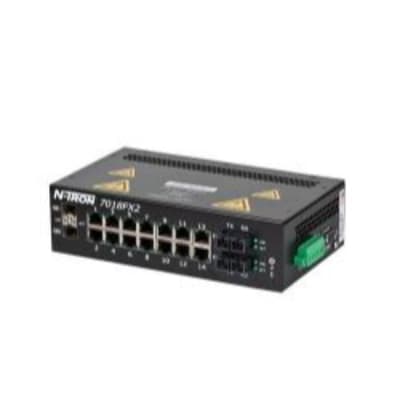 Red Lion 7018FX2-SC Red Lion 7018FX2-SC is an industrial managed Gigabit Ethernet switch that features SNMP v1, v2, and v3 along with Web Browser Management for comprehensive control and monitoring. It incorporates N-Ring Technology with a 30ms healing time, N-Link Redundant Ring Technology, and N-View Monitoring Technology for enhanced network reliability. This switch supports EtherNet/IP CIP Messaging and offers web configuration for ease of use. It is equipped with IGMP Auto Configuration, 802.1Q tag VLAN and Port VLAN, 802.1p QoS and Port QoS for traffic prioritization, and includes features such as Port Trunking, Port Mirroring, and 802.1d/w/D RSTP for network optimization. The 7018FX2-SC also provides a DHCP Server with Option 82 Relay, IP Fallback, Local Port IP Addressing, and 802.1AB-2005 LLDP for improved network management. It ensures security through Port Security with MAC Address Based Filtering. The switch has 14 x RJ45 ports (10/100/1000BaseTX), 2 x Fiber optic SC connectors (multi-mode, 100BaseFX, 2km rated optical fiber), and 2 x SFP (Mini-GBIC) Gigabit Transceivers slots for flexible connectivity options. It operates within a temperature range of -40 to +70°C and features ESD + Surge protection on power inputs. The 7018FX2-SC is designed for DIN rail mounting in a metallic case, suitable for various industrial environments. 7018FX2-SC on Advantage Electric Supply