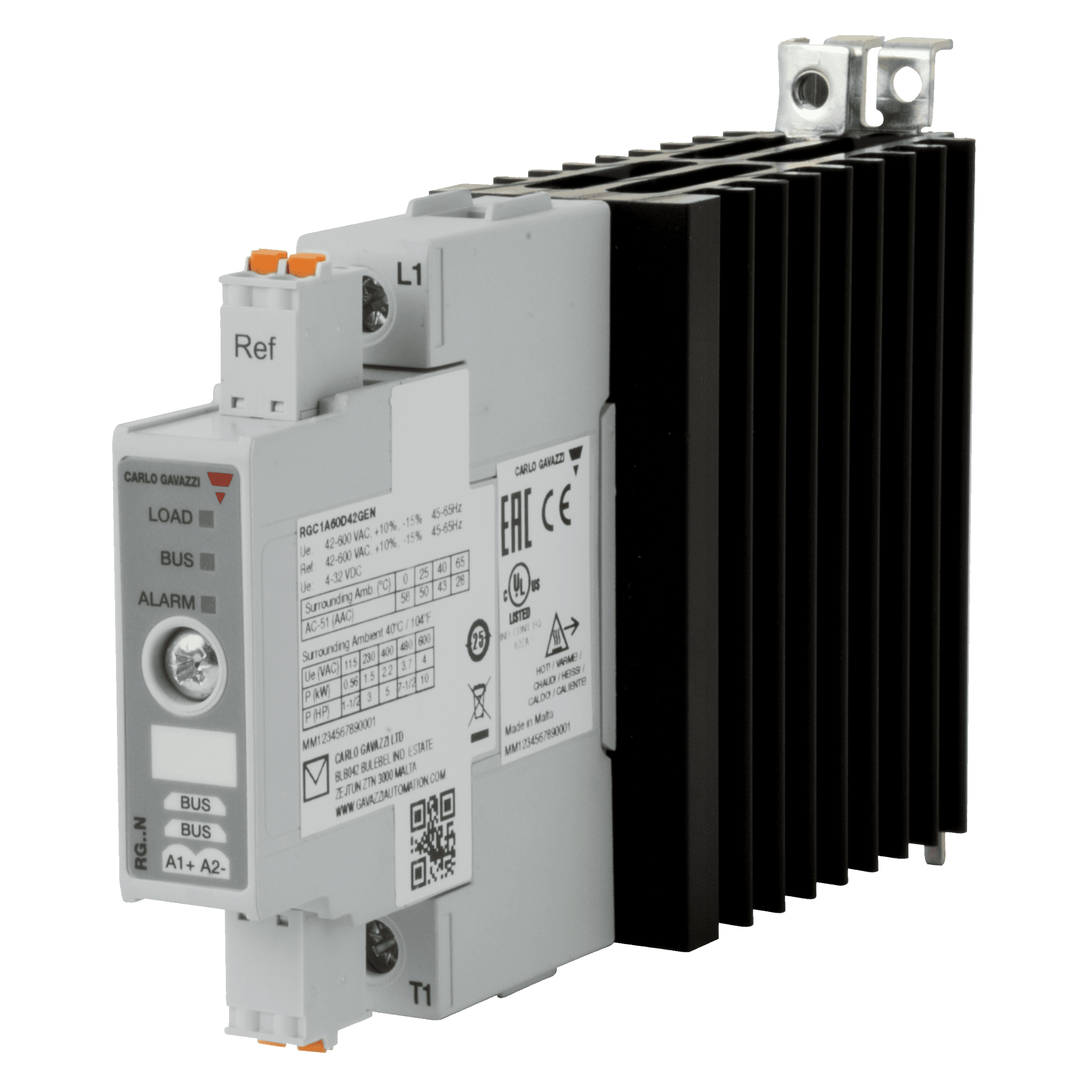 Carlo Gavazzi RGC1A60D42GEN 1-pole DIN-rail mount SSR, Zero-cross switching, bus interface (NRG) for Real-time data (A, V, W, Hz, kWh, Hrs) and monitoring, Operating voltage (Ue): 42 - 660 Vac (1200 Vp), Rated current (Ie): 43 Aac, Control: 4-32 Vdc, Built-in overvoltage protection RGC1A60D42GEN on Advantage Electric Supply