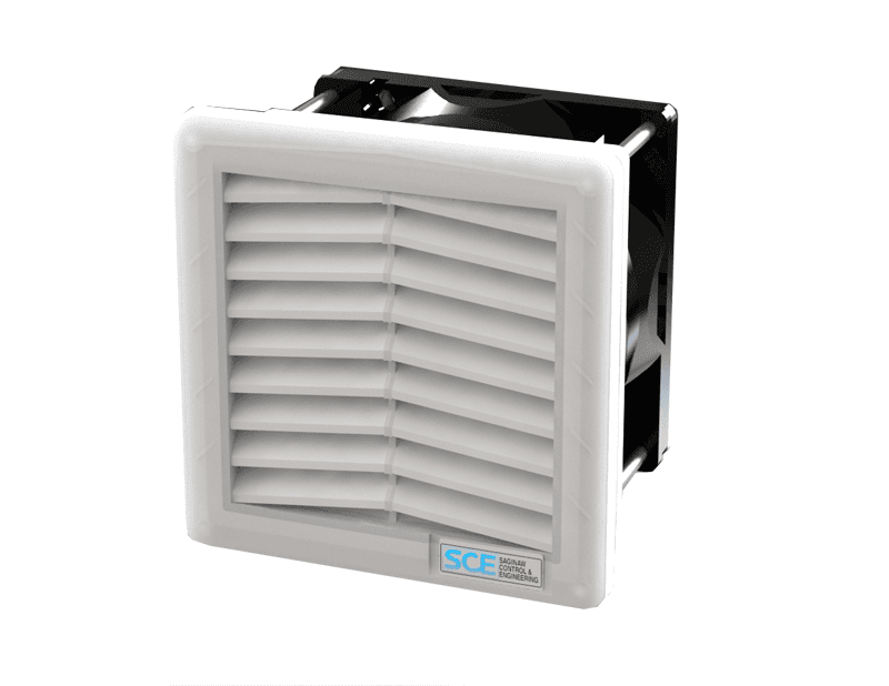 Saginaw Control SCE-N12FA33-230LG Filter Fan. 230V AC, 13/15 CFM, Height:4.20", Width:4.20", Depth:3.10", SCE-N12FA33-230LG on Advantage Electric Supply