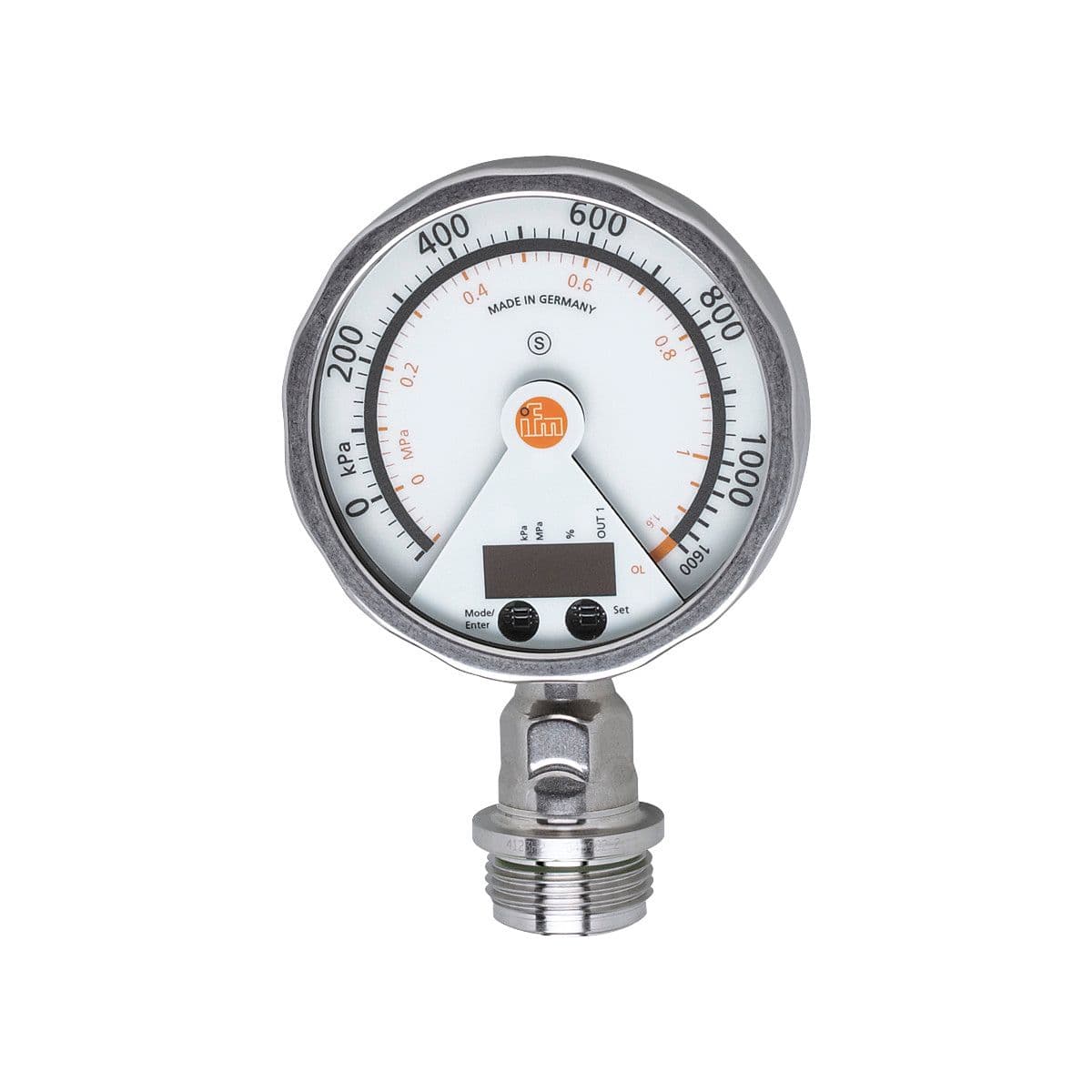 ifm Electronic PG2734 Flush pressure sensor with analog display, analog display, pressure switch and transmitter in one unit, Output signal: switching signal; analog signal; (configurable), Measuring range: -100...1000 kPa -0.1...1 MPa, Process connection: threaded connection PG2734 on Advantage Electric Supply