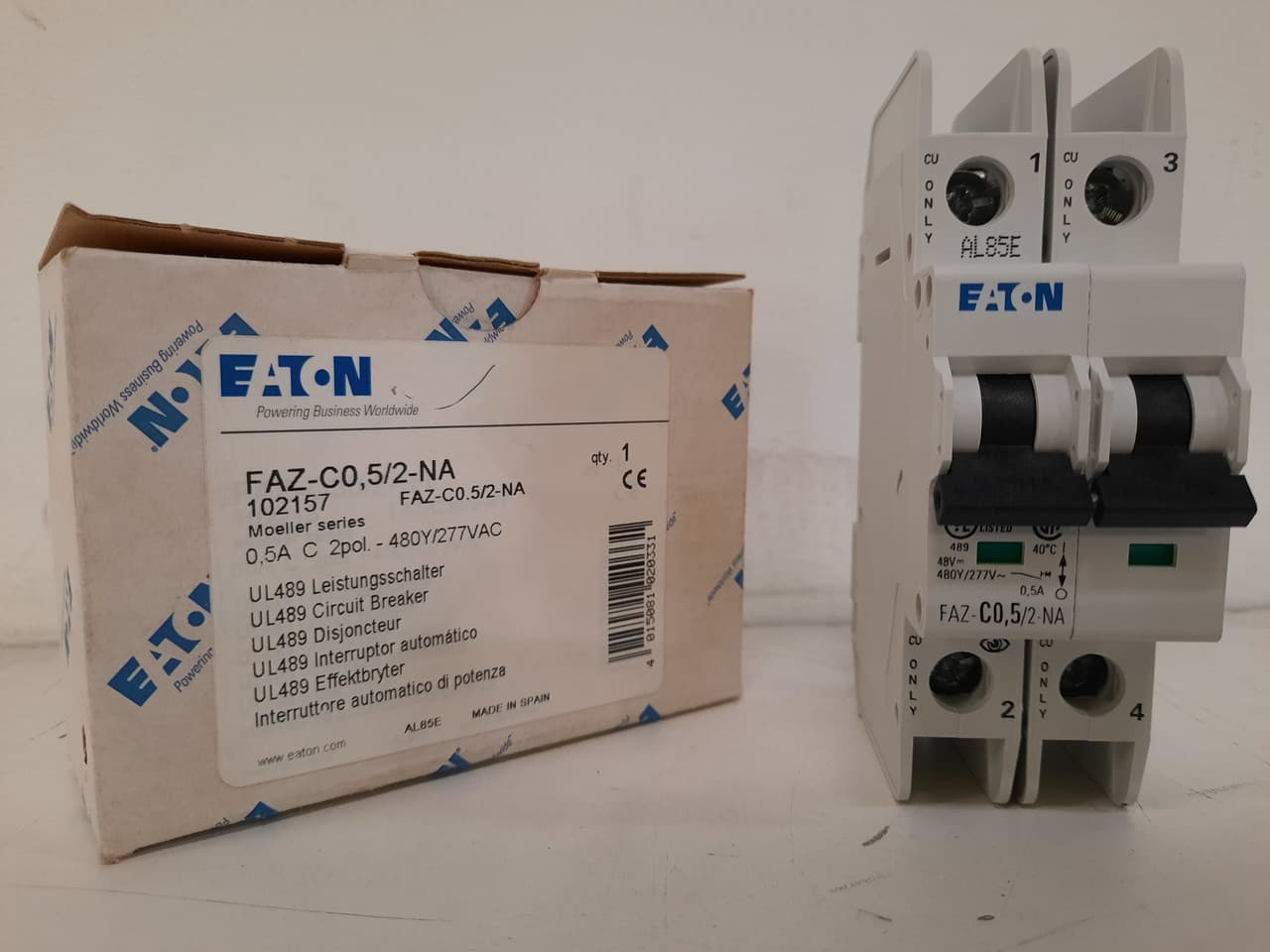 Eaton FAZ-C0.5/2-NA 277/480 VAC 50/60 Hz, 0.5 A, 2-Pole, 10/14 kA, 5 to 10 x Rated Current, Screw Terminal, DIN Rail Mount, Standard Packaging, C-Curve, Current Limiting, Thermal Magnetic FAZ-C0.5/2-NA on Advantage Electric Supply