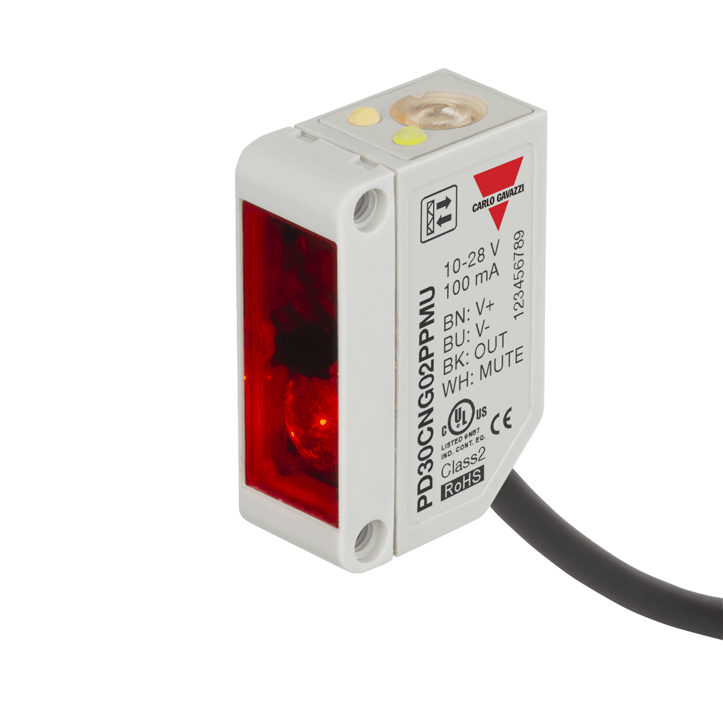 Carlo Gavazzi PD30CNG02PPMU Retro-reflective Photoelectric Sensor, Range 2000mm, red modulated light 617nm, Power Supply 10-30VDC, PNP Output, NO or NC, Light or Dark Switching, 2 m cable, Mute input, for Transparent Objects PD30CNG02PPMU on Advantage Electric Supply