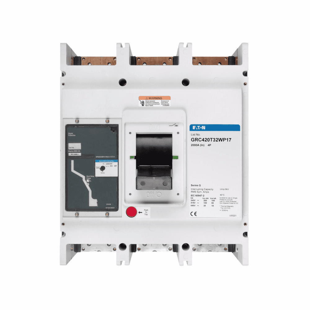 Eaton GRC416T33PWP09 GRC416T33PWP09 Eaton - Eaton Series G electronic molded case circuit breaker, RG-frame, GR, Digitrip 310 RMS, Electronic LS trip, Four-pole, 1600A, 600 Vac, 100 kAIC at 415 Vac, No term., 100% protected neutral pole, 800, 1000, 1250, 1600A adjustable rating plug GRC416T33PWP09 on Advantage Electric Supply