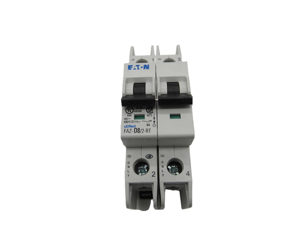 Eaton FAZ-D8/2-RT 277/480 VAC 50/60 Hz, 8 A, 2-Pole, 10/14 kA, 10 to 20 x Rated Current, Ring Tongue Terminal, DIN Rail Mount, Standard Packaging, D-Curve, Current Limiting, Thermal Magnetic FAZ-D8/2-RT on Advantage Electric Supply