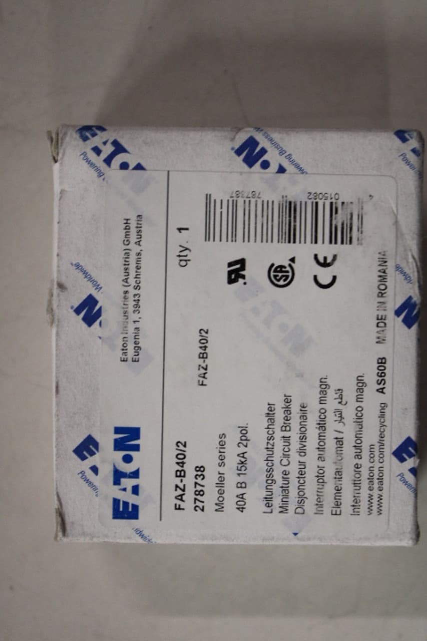 Eaton FAZ-B40/2 Eaton FAZ supplementary protector,UL 1077 Industrial miniature circuit breaker - supplementary protector,Low levels of inrush current are expected,40 A,15 kAIC,Two-pole,3-5X /n,50-60 Hz,Standard terminals,B Curve FAZ-B40/2 on Advantage Electric Supply