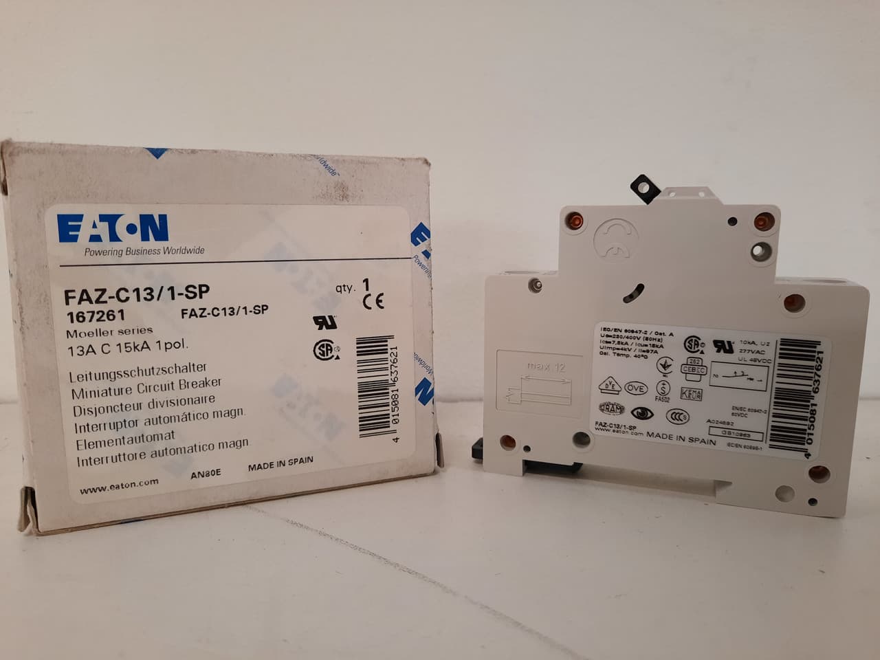 Eaton FAZ-C13/1-SP Eaton FAZ supplementary protector,UL 1077 Industrial miniature circuit breaker-supplementary protector,Single package,Medium levels of inrush current are expected,13A,15 kAIC,Single-pole,277 V,5-10X/n,Q38,50-60 Hz,Standard terminals,C Curve FAZ-C13/1-SP on Advantage Electric Supply