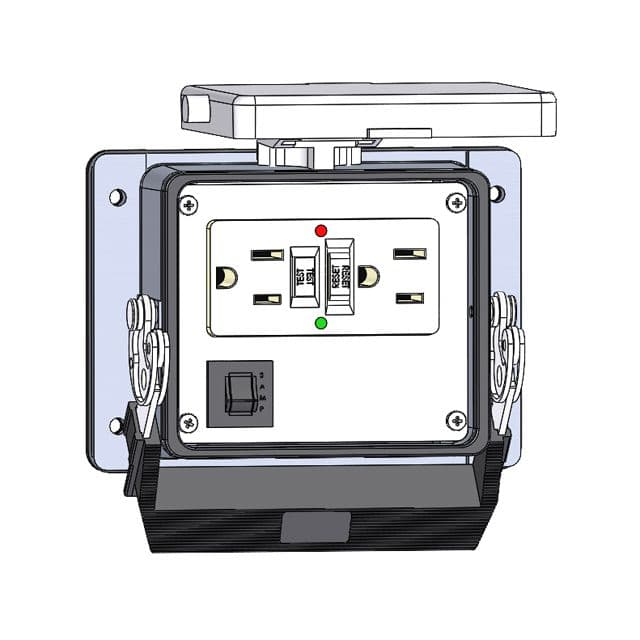 Mencom GF-R-32-N Panel Interface Connector with GFCI Duplex outlet, and a 3amp reset, in a 32 housing, No label GF-R-32-N on Advantage Electric Supply