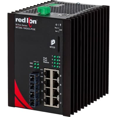 Red Lion NT24K-10GXE2-SC-40-POE-PT Red Lion NT24k-10GXE2-SC-40-POE-PT is an all-Gigabit (GbE/GigE) industrial managed Ethernet switch designed for robust performance in demanding environments. It features SNMP v1, v2, v3, and Web Browser Management for comprehensive network control and security, including SSH/SSL/HTTPS and 802.1x with RADIUS Remote Server Authentication. The switch supports Multi-Member N-Ring Technology with a 30ms healing time, N-Link Redundant Ring Technology, and N-View Monitoring Technology for enhanced network reliability. It is equipped with EtherNet/IP CIP Messaging, web configuration, IGMP Auto Configuration, 802.1Q tag VLAN and Port VLAN, 802.1p QoS and Port QoS, SNTP, an Event Log/Syslog, Port Trunking, Port Mirroring, and supports 802.1d, 802.1w, 802.1D RSTP, DHCP Client, and Local Port IP Addressing for versatile network management. The switch is designed for DIN rail mounting and operates within an ambient air temperature range of -40 to +80°C. It features a PTP version design with 8 RJ45 ports (10/100/1000BaseTX; IEEE 802.3af/at (PoE+)) and 2 SC fiber optic connectors (single-mode; 1000BaseFX; 40km rated optical fiber), making it suitable for a wide range of industrial applications. The NT24k-10GXE2-SC-40-POE-PT is part of the N-Tron NT24k PoE series, has a 10-port connection capacity, and is housed in a metallic case. It requires a supply voltage of 22-49Vdc (24Vdc / 48Vdc) and utilizes Ethernet as its communication protocol. NT24K-10GXE2-SC-40-POE-PT on Advantage Electric Supply