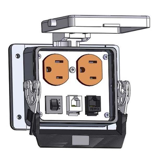 Mencom DP-RJ11-RJ45-R-32 Panel Interface Connector with Duplex outlet, RJ11, RJ45, and a 15amp reset, in a 32 housing DP-RJ11-RJ45-R-32 on Advantage Electric Supply