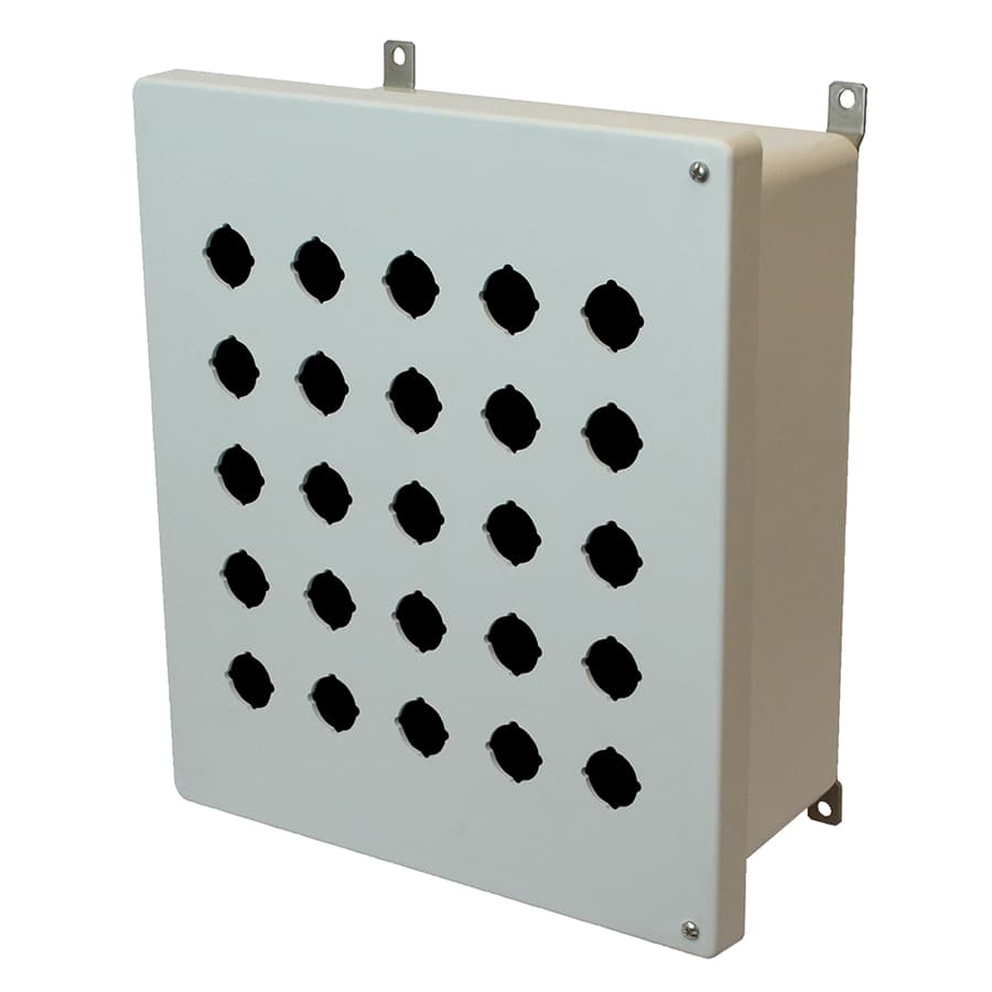 Allied Moulded Products AM1426HP25 14"x12"x6" AM Series fiberglass wall mount enclosure assembly with 2-screw hinged cover and 25 pushbutton holes AM1426HP25 on Advantage Electric Supply