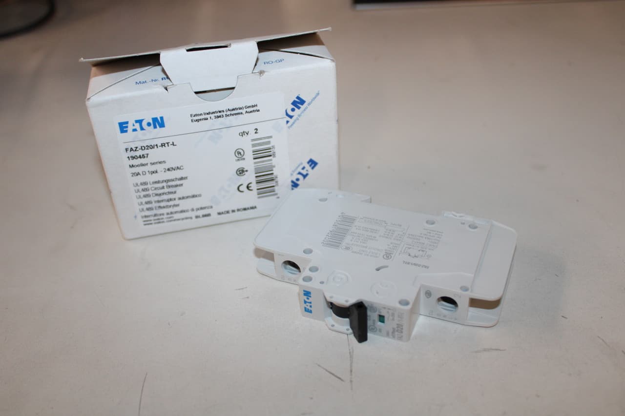 Eaton FAZ-D20/1-RT-L Miniature circuir breaker, 1 pole, 20 A, D trip curve, 240 VAC, ring-tongue terminals, UL489 FAZ-D20/1-RT-L on Advantage Electric Supply