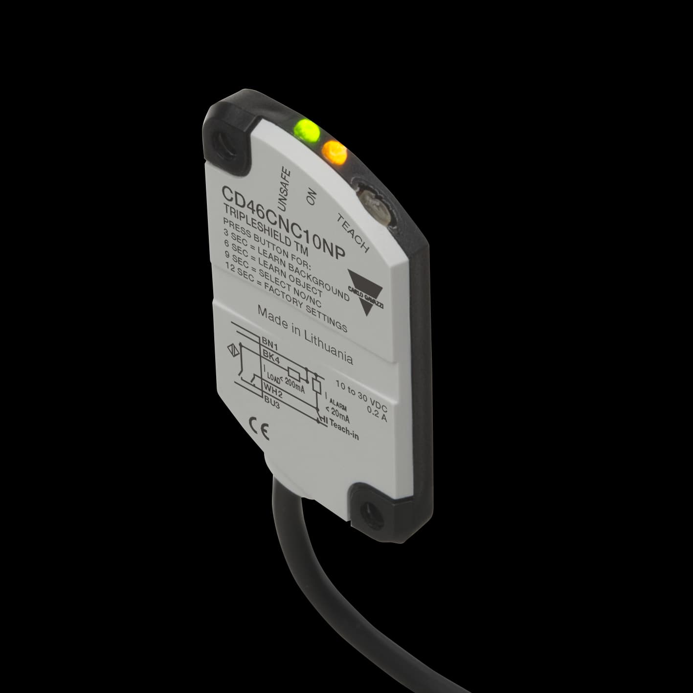 Carlo Gavazzi CD46CNC10NP Capacitive Proximity Sensor, Non-flush mountable, Sensing Range 10mm, Adjustable 1-10mm, Power Supply 10-30VDC, NPN Output, N.O. or N.C., Cable PVC, Housing 28 x 5.5 x 34mm, Tripleshield, Improved EMC performances, IP67 IP68 CD46CNC10NP on Advantage Electric Supply