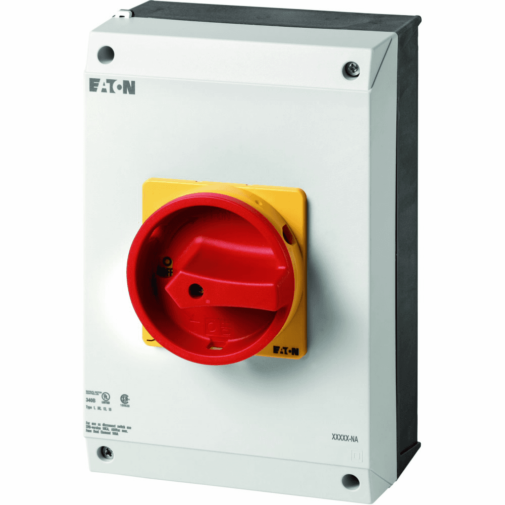 Eaton 255907 255907 Eaton - Eaton Moeller® series P3 Main switch, P3, 100 A, surface mounting, 3 pole, 1 N/O, 1 N/C, Emergency switching off function, With red rotary handle and yellow locking ring, UL/CSA 255907 on Advantage Electric Supply