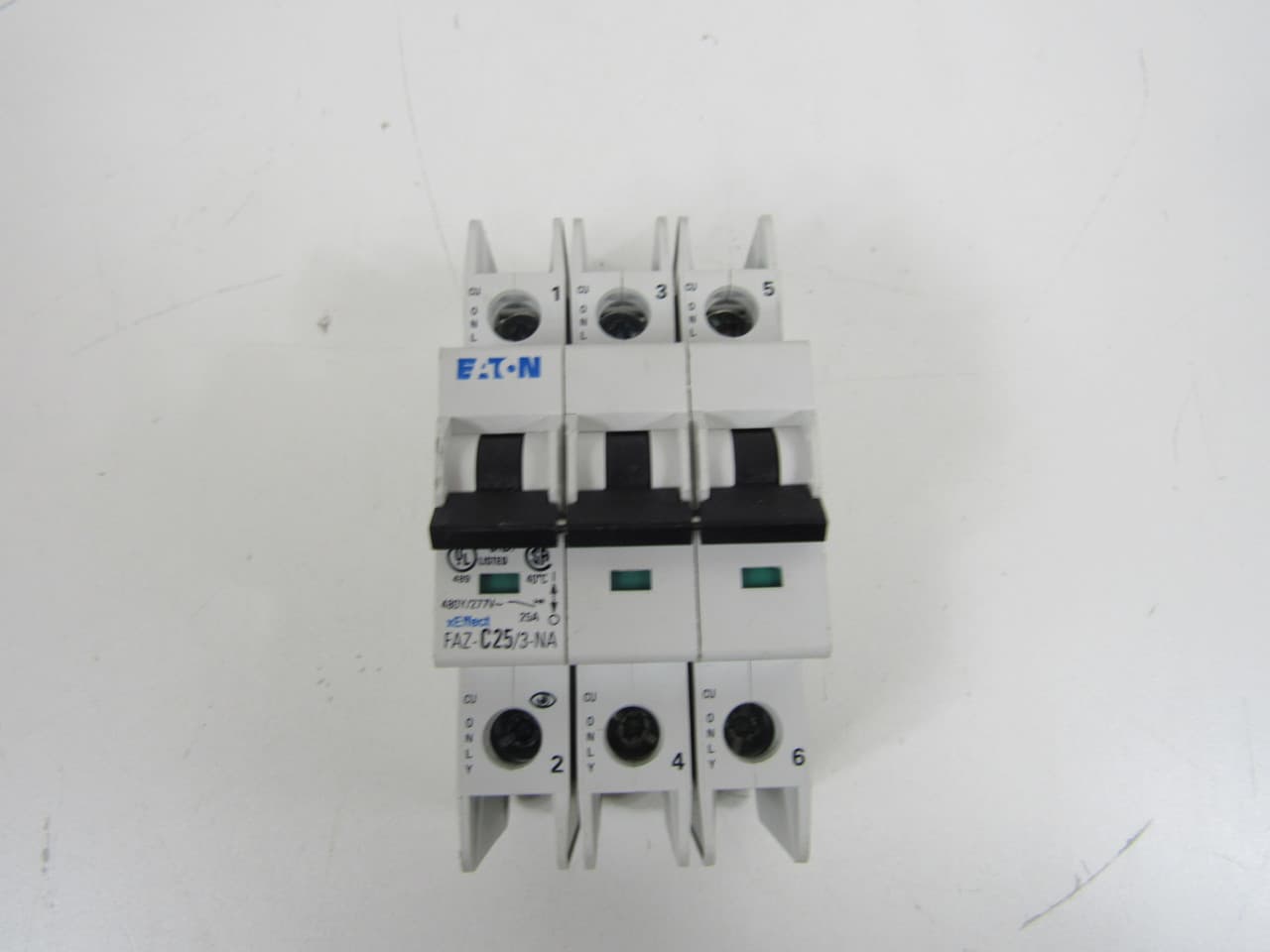 Eaton FAZ-C25/3-NA 277/480 VAC 50/60 Hz, 25 A, 3-Pole, 10/14 kA, 5 to 10 x Rated Current, Screw Terminal, DIN Rail Mount, Standard Packaging, C-Curve, Current Limiting, Thermal Magnetic FAZ-C25/3-NA on Advantage Electric Supply