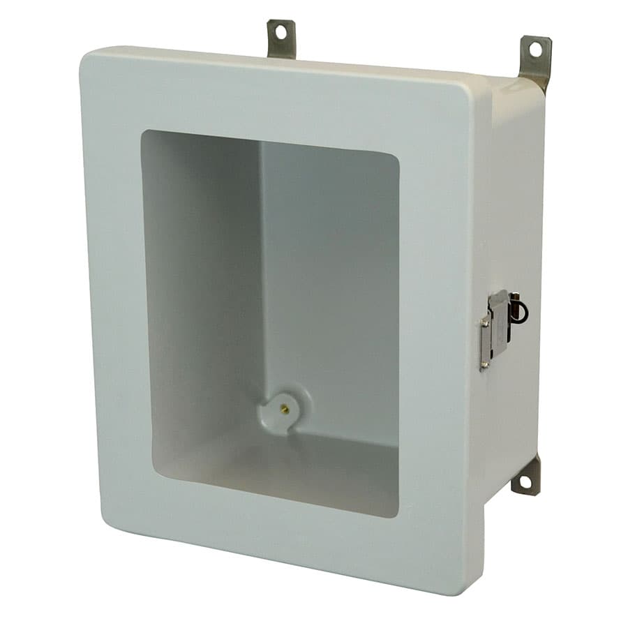 Allied Moulded Products AM1084LW 10"x8"x4" AM Series fiberglass wall mount enclosure assembly with hinged window cover and stainless-steel snap latch AM1084LW on Advantage Electric Supply