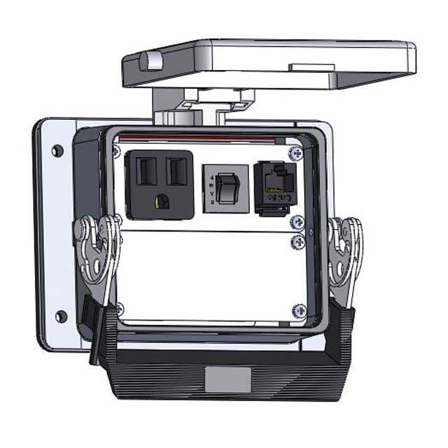 Mencom DP1-RJ45-R-32 Panel Interface Connector with Simplex outlet, RJ45, and a 3amp reset, in a 32 housing DP1-RJ45-R-32 on Advantage Electric Supply