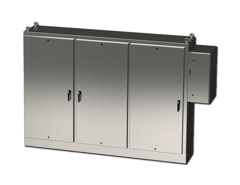 Saginaw Control SCE-84XD3EW18SS6 S.S. 3DR XD Enclosure, Height:84.00", Width:117.50", Depth:18.00", #4 brushed finish on all exterior surfaces. Sub-panels are powder coated white. SCE-84XD3EW18SS6 on Advantage Electric Supply