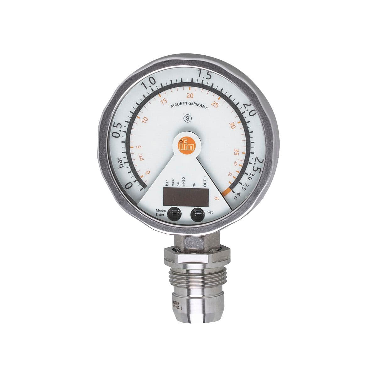 ifm Electronic PG2896 Flush pressure sensor with analog display, analog display, pressure switch and transmitter in one unit, Output signal: switching signal; analog signal; (configurable), Measuring range: -0.124...2.5 bar -124...2500 mbar -1.8...36.27 psi, Process connection PG2896 on Advantage Electric Supply