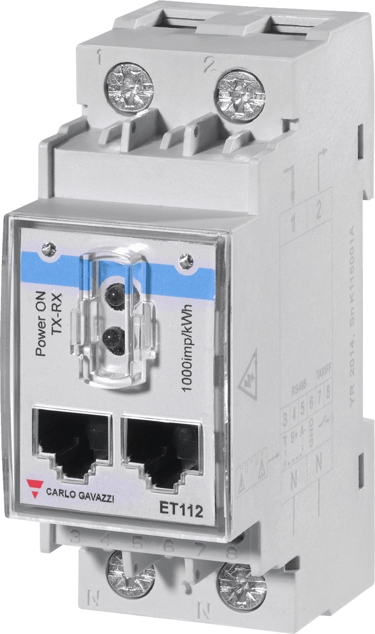 Carlo Gavazzi ET112DINAV01XS1X Single-Phase Energy Transducer, 230 V L-N, 5 (100) A, RS485 Modbus RTU ET112DINAV01XS1X on Advantage Electric Supply