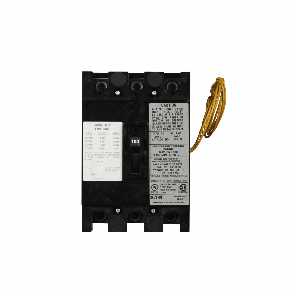 Eaton CC3100SR01AL2 CC3100SR01AL2 Eaton - Type CC Molded Case Circuit Breaker, Three-Pole, 100A, 240V, 10 kAIC, #4-4/0 AWG Cu/Al 60°C or 75°C, 120V Shunt Trip, 2 NO 2 NC Auxiliary Contact CC3100SR01AL2 on Advantage Electric Supply