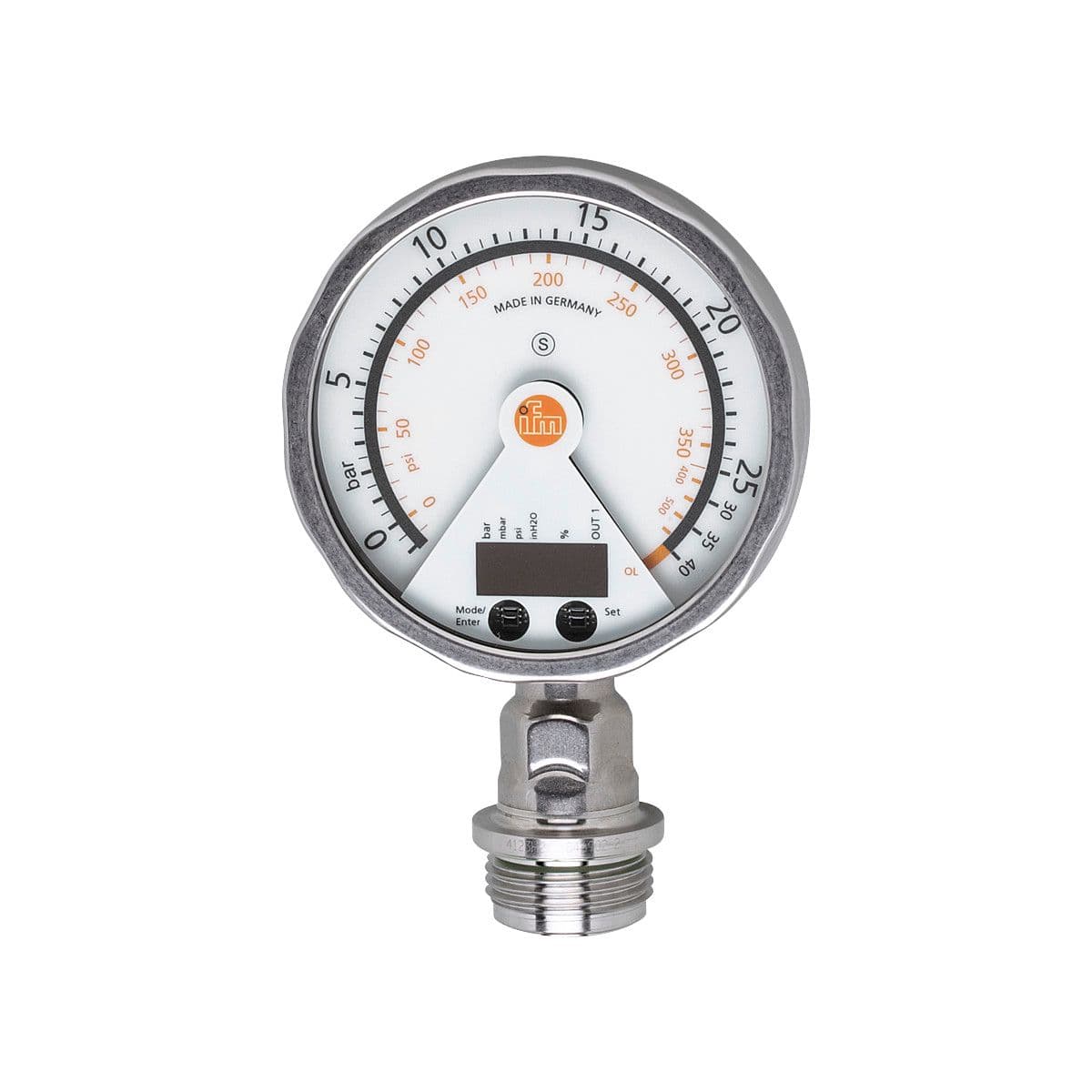 ifm Electronic PG2793 Flush pressure sensor with analog display, analog display, pressure switch and transmitter in one unit, Output signal: switching signal; analog signal; (configurable), Measuring range: -1...25 bar -14.4...362.7 psi, Process connection: threaded connection PG2793 on Advantage Electric Supply