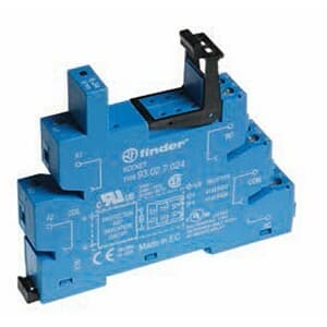 Finder 93.02.0.024 Finder 93.02.0.024 is a socket designed for box-clamp connections, featuring a rated current of 10A and a degree of protection IP20. It operates with a control voltage of 24Vdc and has a net depth compatible with 24Vac (50Hz/60Hz) systems. This part is designed for DIN rail mounting and adheres to the EN61984 standard. The power consumption indicator is blue, indicating its operational status. 93.02.0.024 on Advantage Electric Supply