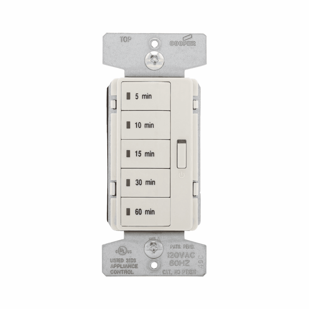 Eaton PT18M-LA PT18M-LA Eaton - Eaton Accell minute timer, 5, 10, 15, 30, and 60 minute default settings, 15A, 120V, Wire leads, Five button, Light almond, Load type: Incandescent, halogen, MLV, ELV, fluorescent, CFL, LED, Single-pole, Polycarbonate, 1800W PT18M-LA on Advantage Electric Supply